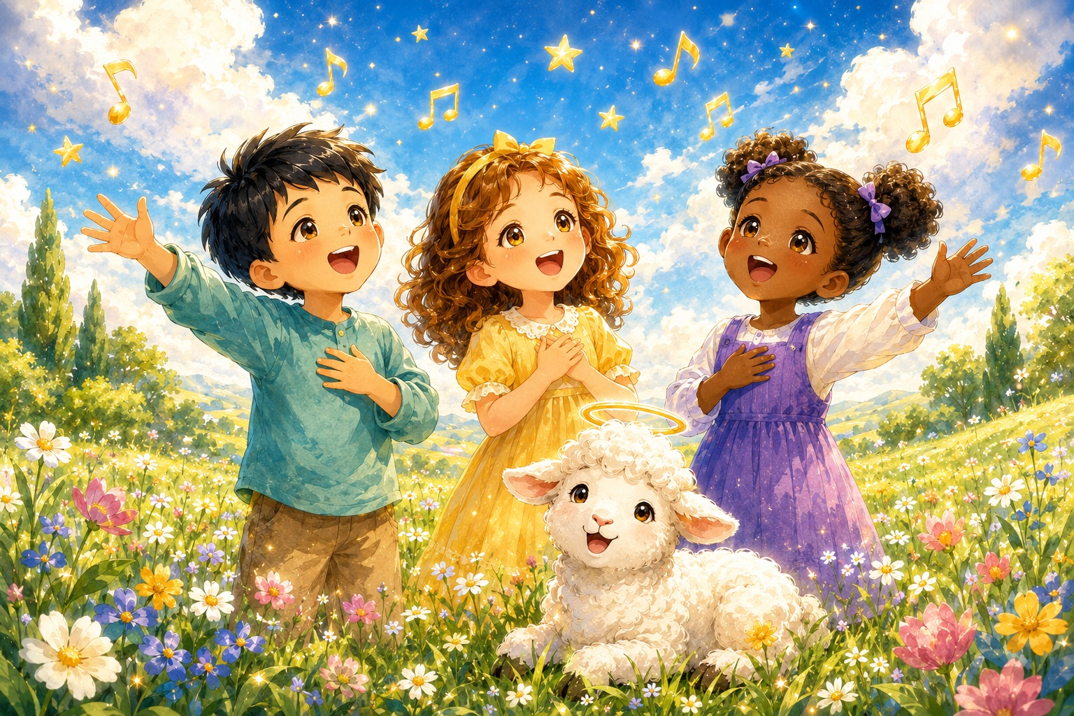 Children singing together with the Lambelujah lamb in a sunny meadow