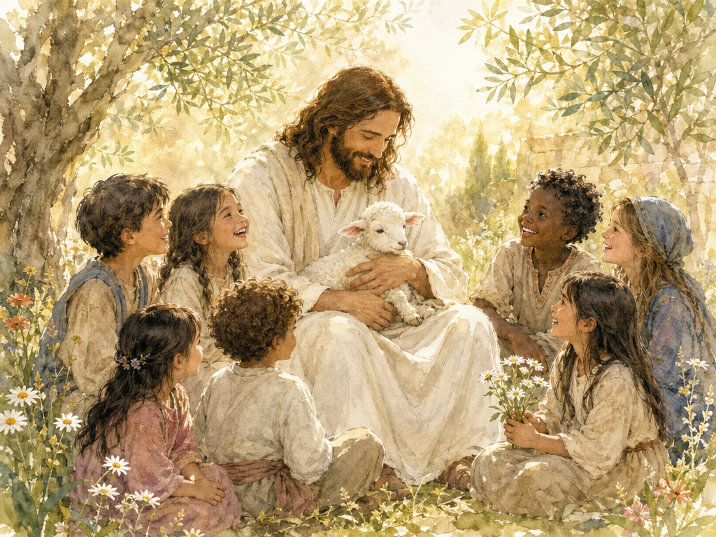 A gentle illustration of Jesus surrounded by laughing children